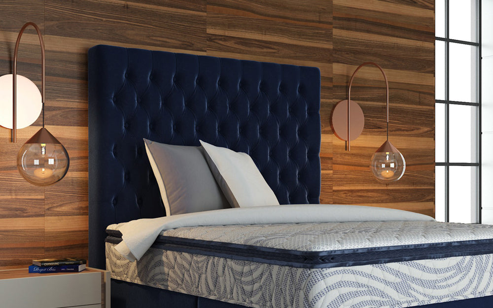 Cleveland Headboard 66" High in Dark Blue Finish with White and Grey Pillows in Bedroom Settings