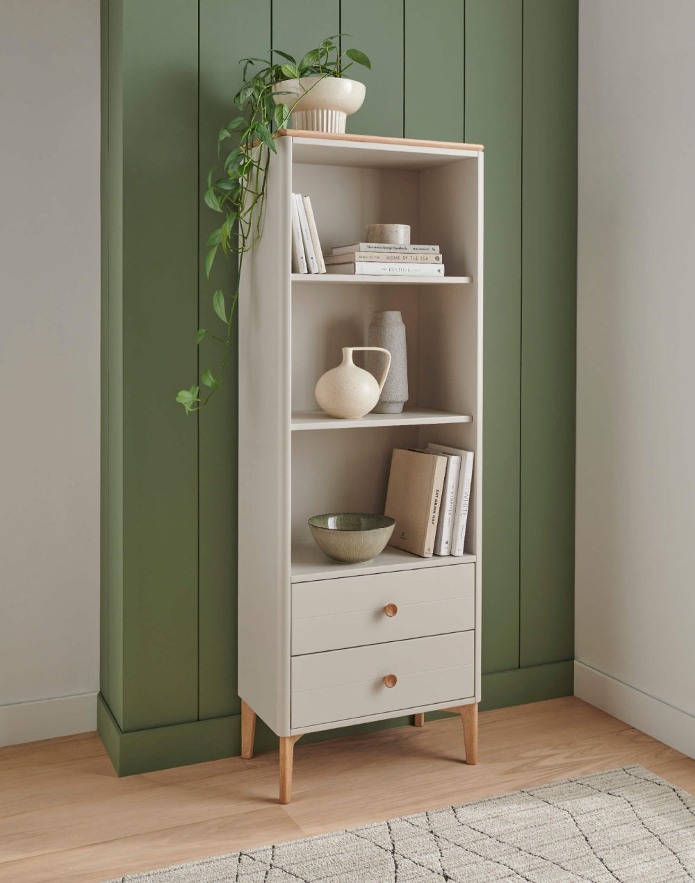 Clio Open Bookcase Unit with Floor Rug and Indoor Plant in Breakout Setting