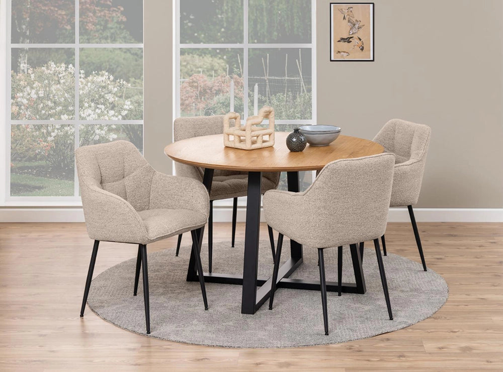 Court Round Dining Table in Oak Black Finish with Upholstered Armchair and Wall Frame in Dining Setting