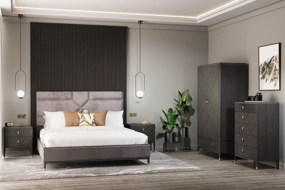 Darla 2 Drawer Bedside Table in Ebony Finish with Wardrobe and Indoor Plant in Bedroom Setting
