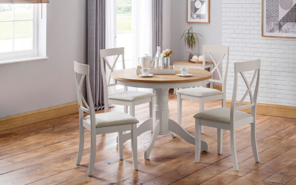 Davina Oak Top Round Pedestal Dining Table Elephant Grey with Chairs and Wall Art in Dining Setting