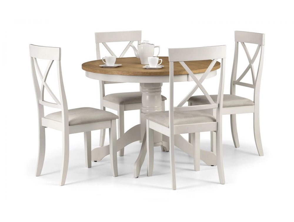 Davina Oak Top Round Pedestal Dining Table Ivory with Four Chairs