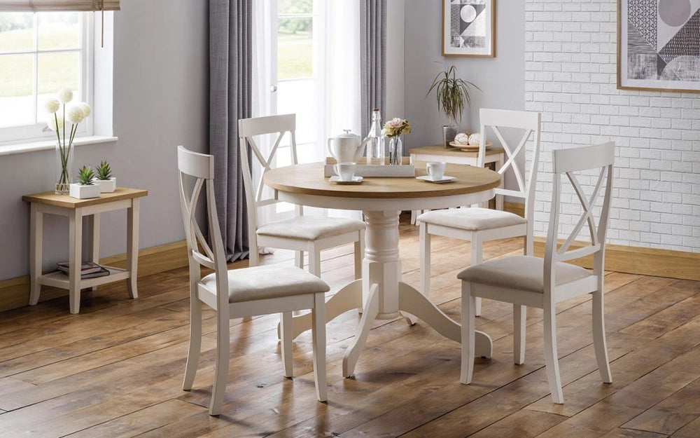 Davina Oak Top Round Pedestal Dining Table in Ivory Leg Finish with Padded Wooden Chairs in Dining Setting