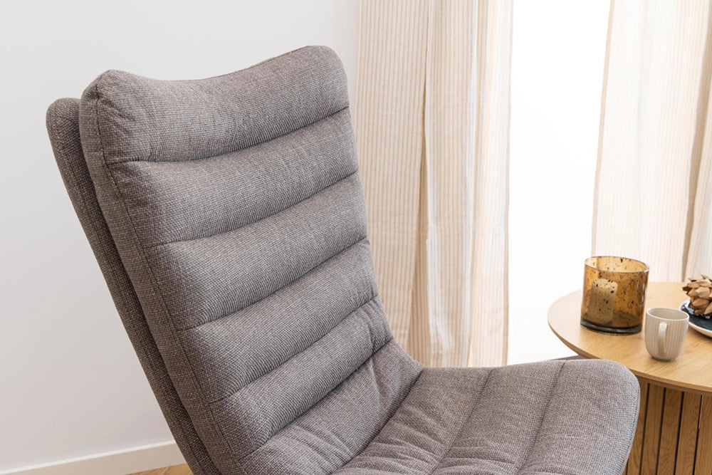 Dawson Resting Chair in Grey Finish with Candle Glass and White Cup in Living Room Setting