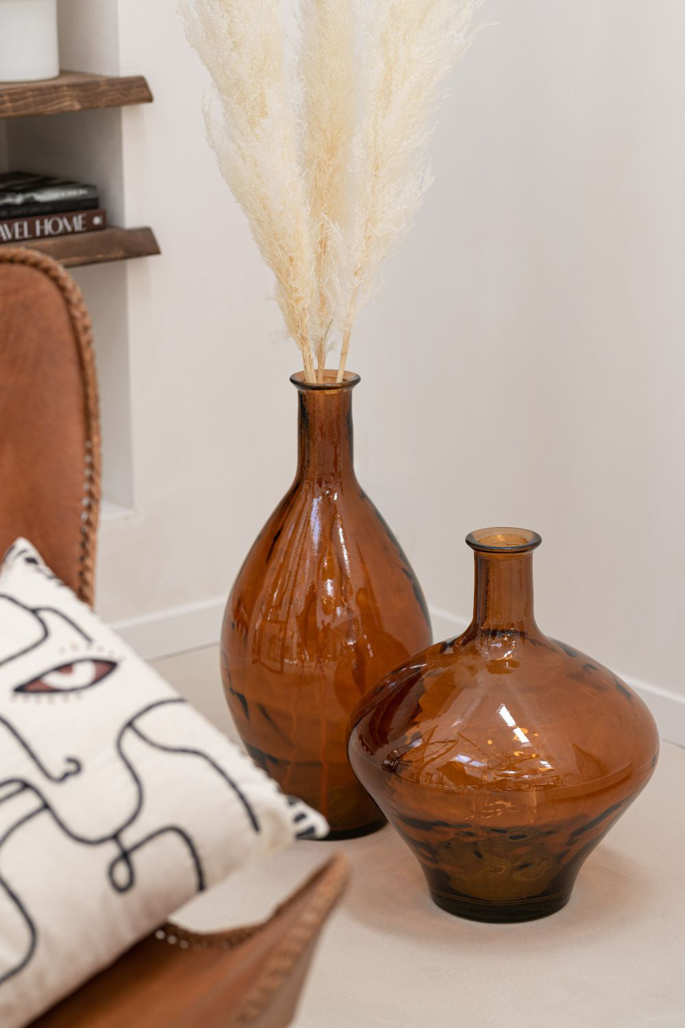 Decorative Glass Vase Brown with Cushion in Living Room Setting