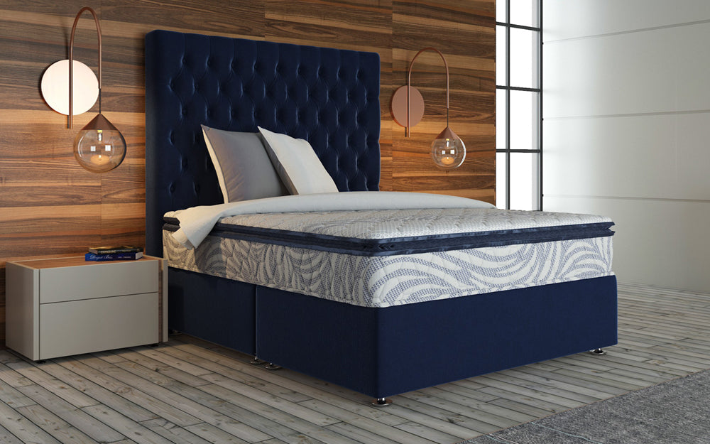 Divan Bed in Blue Finish with Blue Headboard and Grey Bedside Cabinet in Bedroom Settings