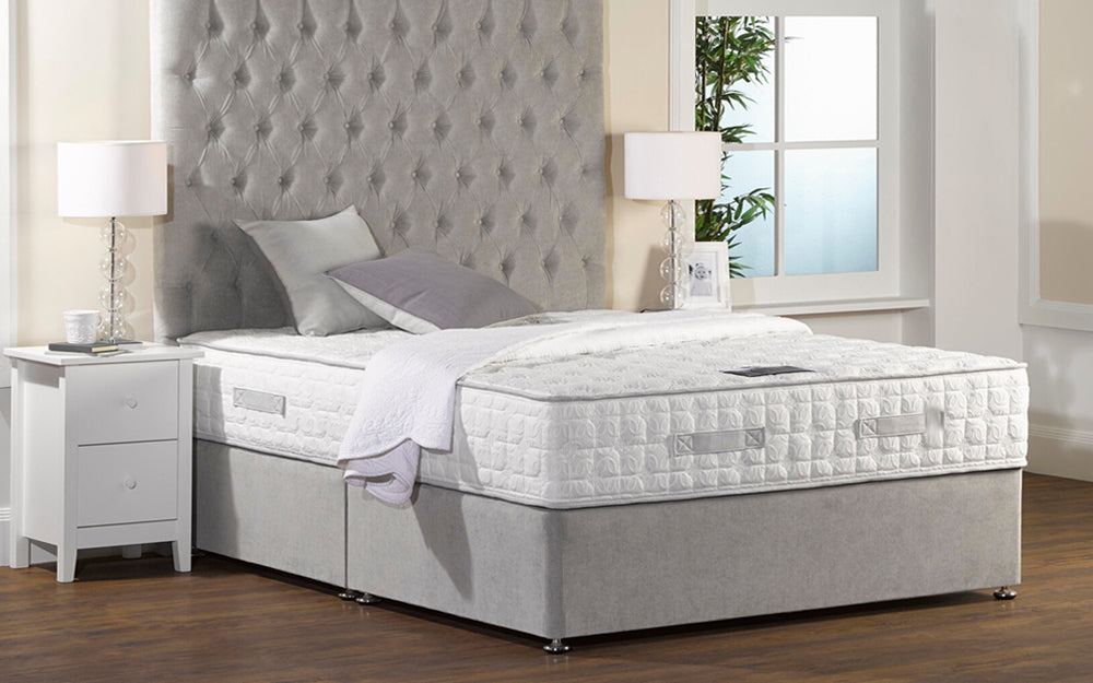 Divan Bed with Grey Headboard with White Bedside Cabinet and White Bedside Lampshade in Bedroom Settings