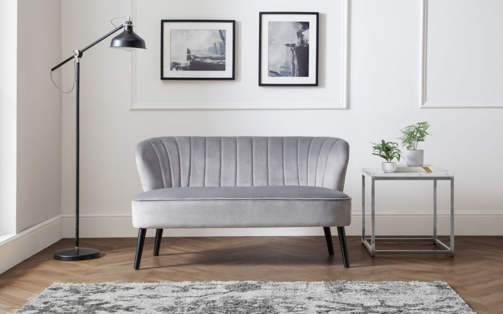 Dylan 2 Seater Sofa in Grey Finish with Floor Lamp and Side Table in Living Room Setting