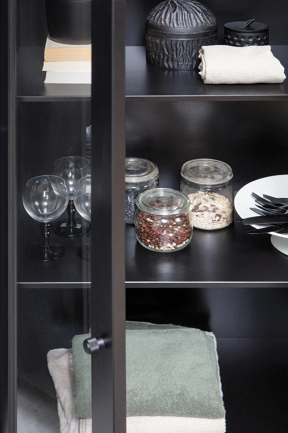 Edame Display Cabinet in - Black Finish with Condiments and Utensils