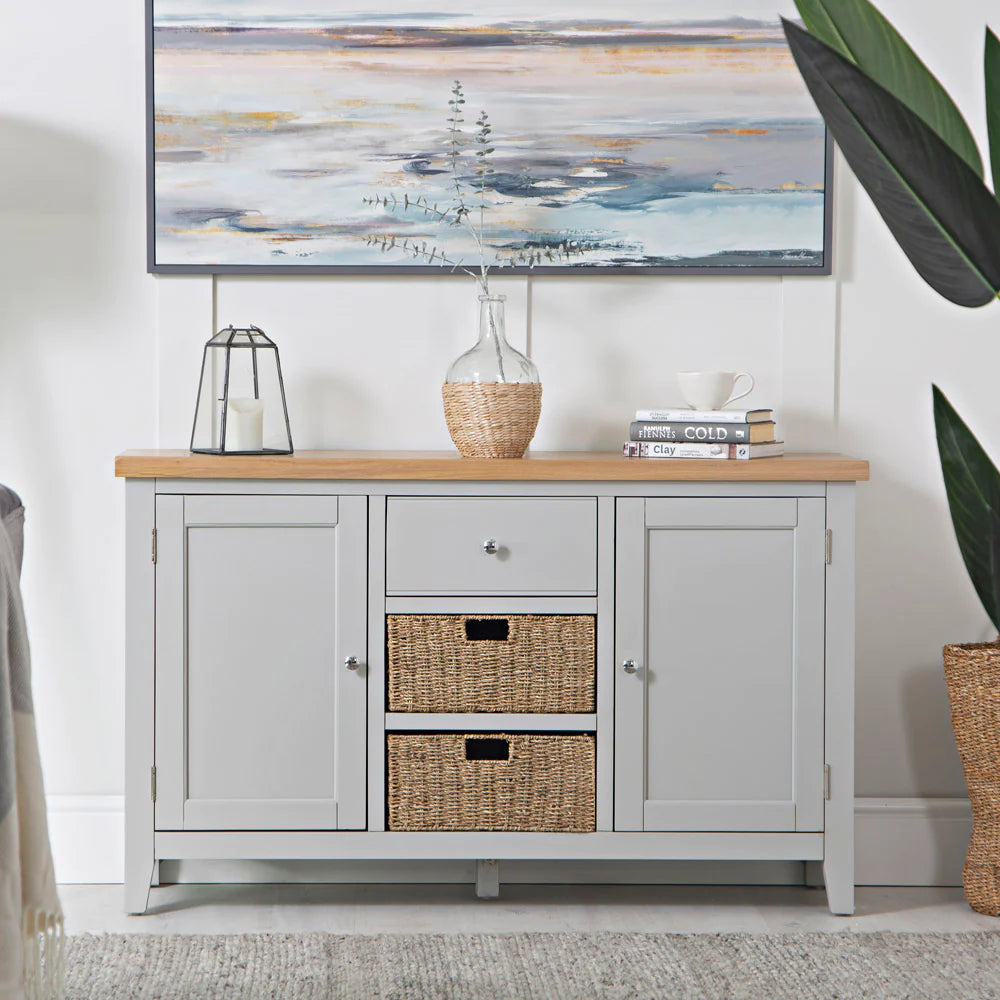 Elias Large Sideboard in Grey Finish with Indoor Plant in Dining Setting