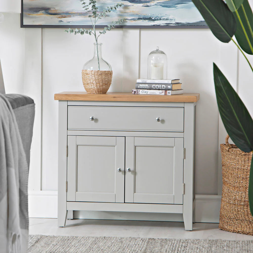 Elias Small Sideboard in Grey Finish with Indoor Plant in Dining Setting