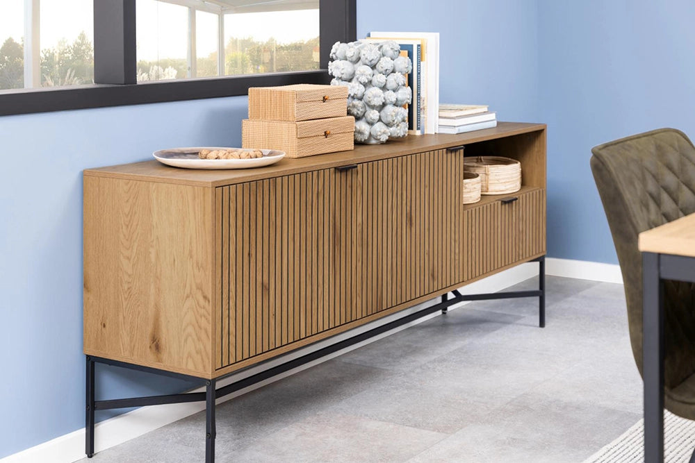 Ella Large Sideboard in Matte Oak Finish with Upholstered Chair and Wicker Box in Dining Setting