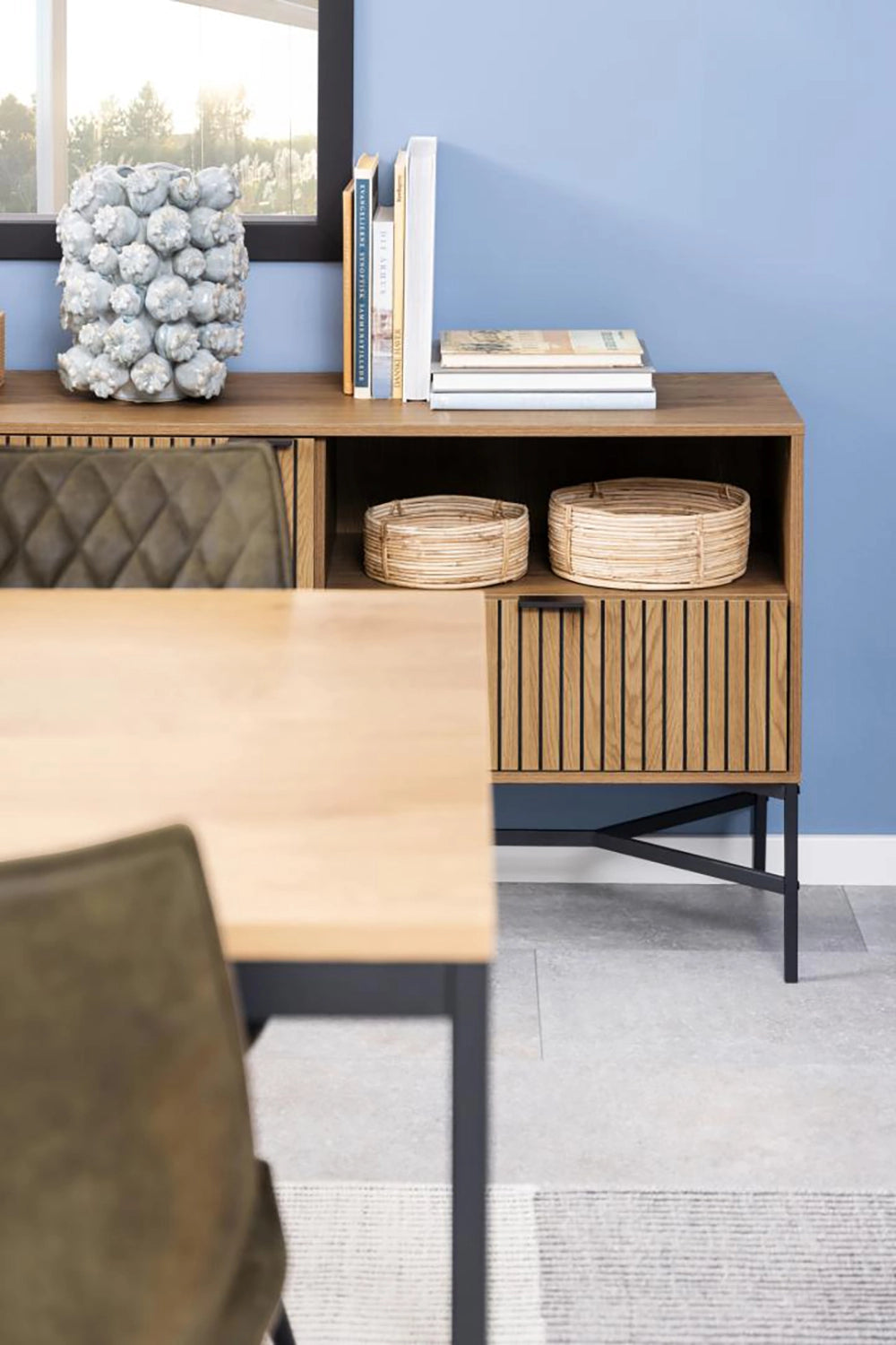 Ella Large Sideboard in Matte Oak Finish with Upholstered Chair and Wooden Top Table in Dining Setting