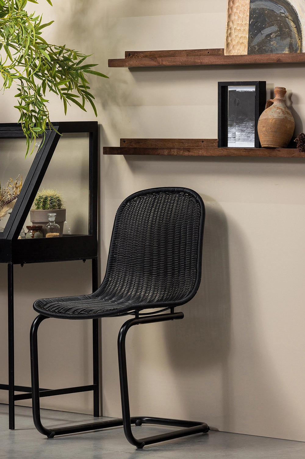 Elm Dining Chair - Black 7 with - Black Display Cabinet and Brown Wooden Wall Shelf in Living Room Setting