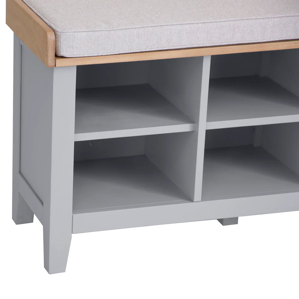 Emery Hall Console Bench Grey Shelves Detail