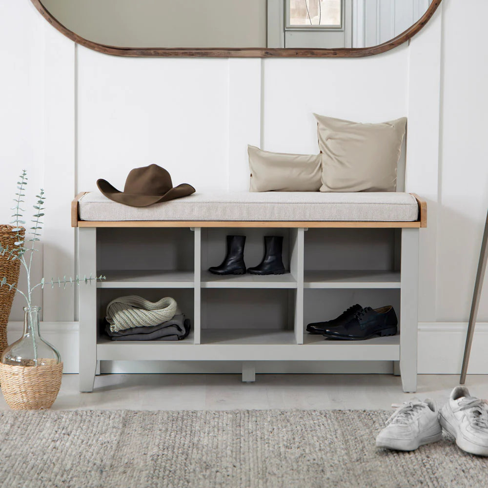 Emery Hall Console Bench in Grey Finish with Cushion and Wall Mirror in Living Room Setting