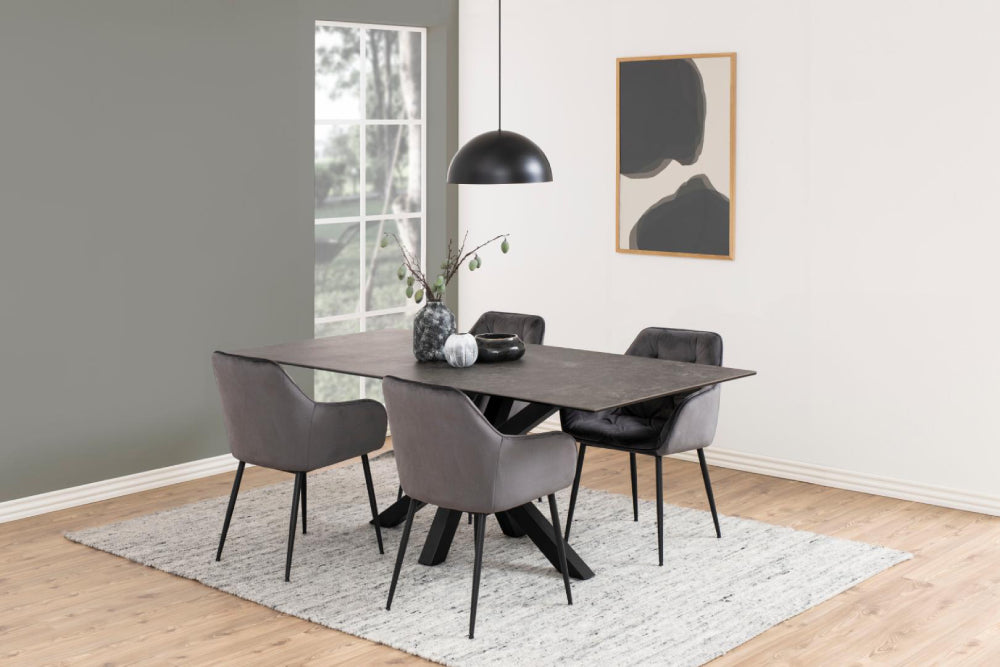 Evan Rectangular Dining Table Black with Dining Chair and Carpet in Dining Setting