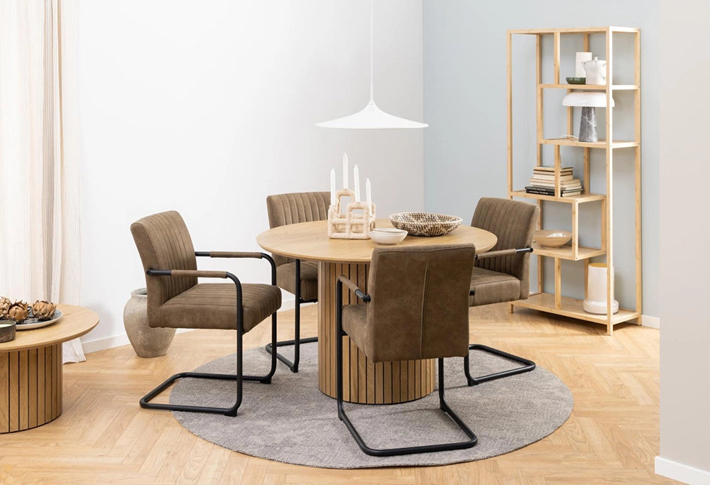 Falkor Dining Chair in Brown Fabric Finish with Round Wooden Table and Shelves Living Room Setting
