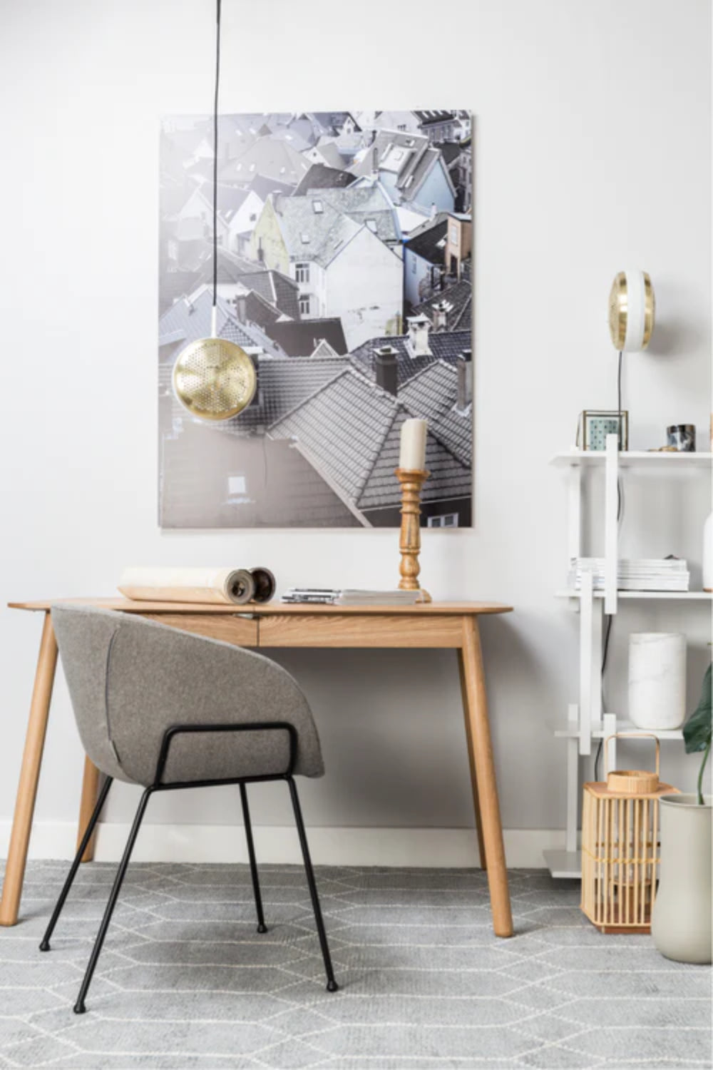 Fallon Dining Chair Fab Grey with Wooden Table and Wall Art in Breakout Setting