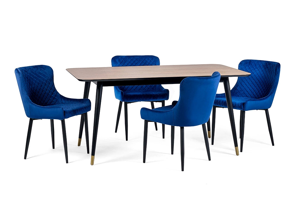 Fintan Rectangular Dining Table Walnut and Black with Blue Padded Chair