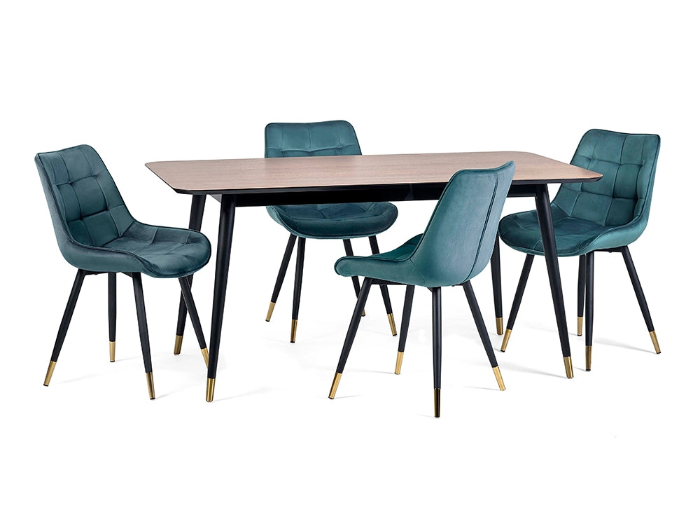 Fintan Rectangular Dining Table Walnut and Black with Green Padded Chair
