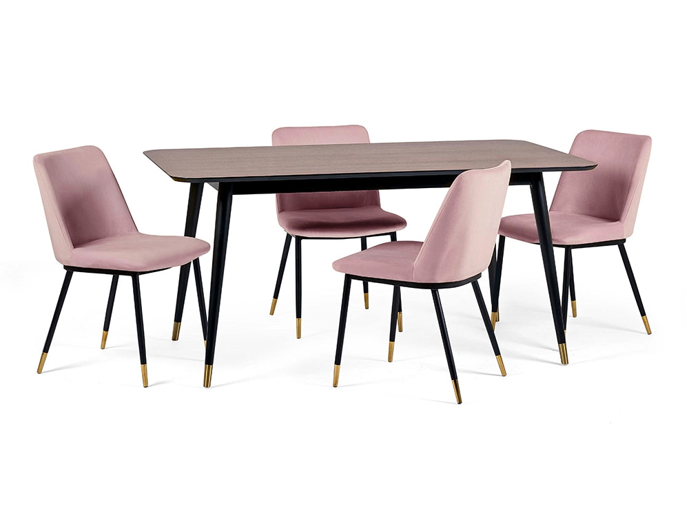 Fintan Rectangular Dining Table Walnut and Black with Pink Padded Chair
