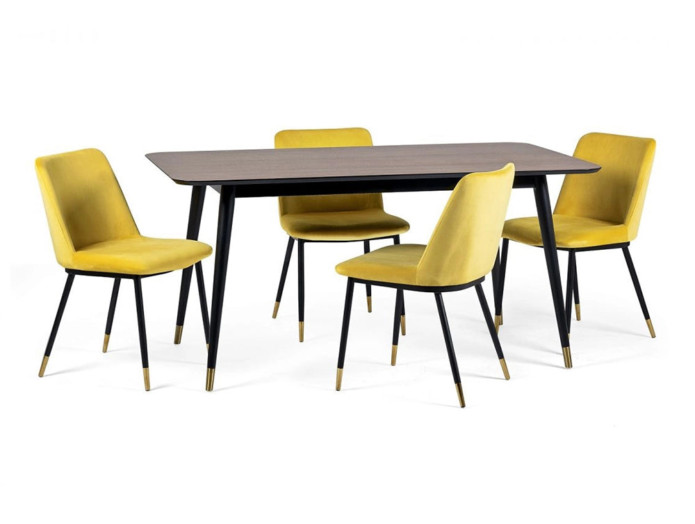 Fintan Rectangular Dining Table Walnut and Black with Yellow Padded Chair