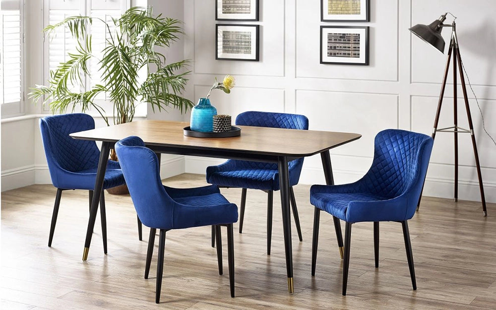 Fintan Rectangular Dining Table in Walnut and Black Finish with Blue Chair and Indoor Plant in Dining Setting