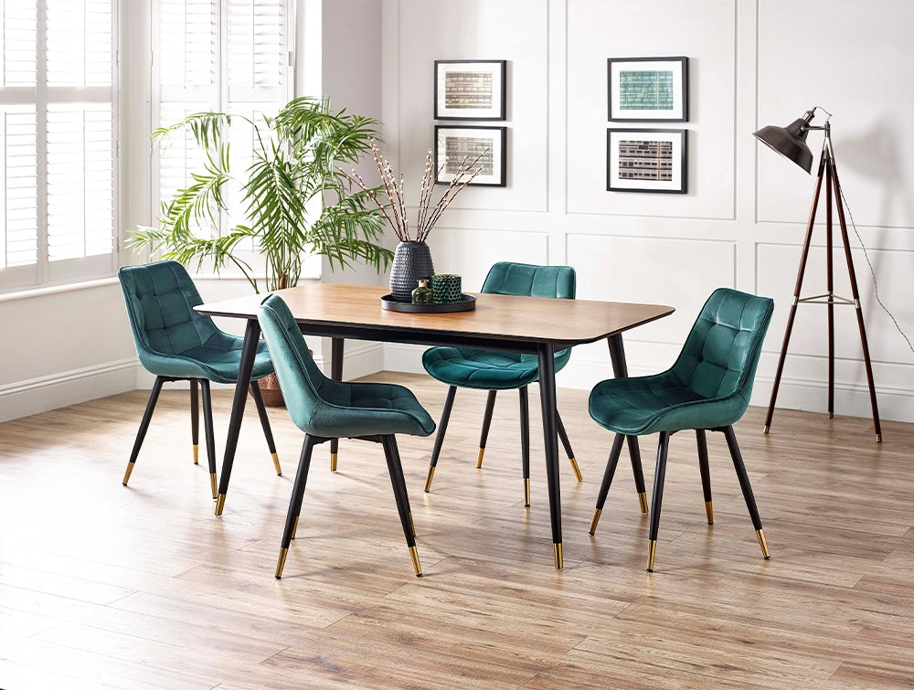 Fintan Rectangular Dining Table in Walnut and Black Finish with Fabric Blue Chair and Indoor Plant in Dining Setting