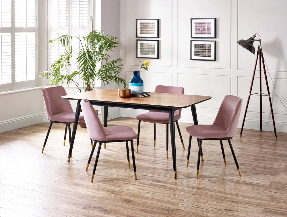 Fintan Rectangular Dining Table in Walnut and Black Finish with Grey Chair and Indoor Plant in Dining Setting
