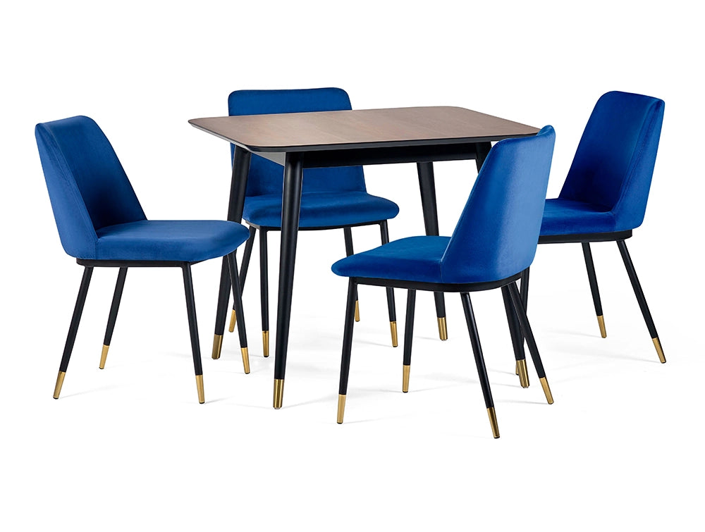 Fintan Square Dining Table Walnut and Blue Chairs