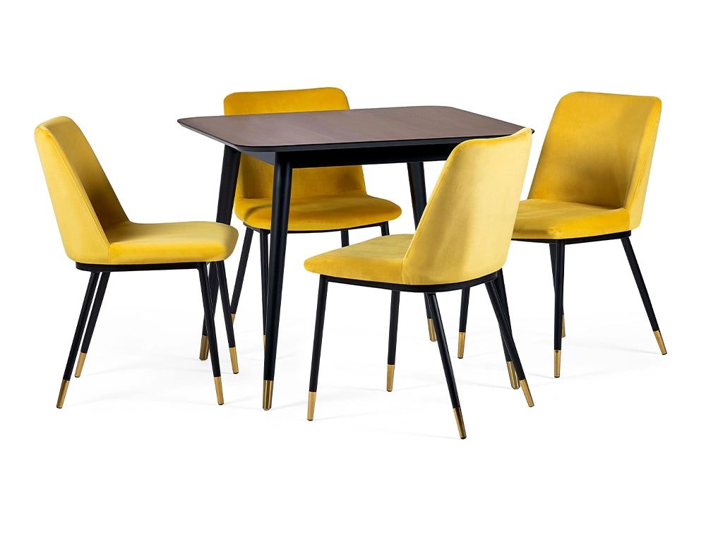 Fintan Square Dining Table Walnut with Yellow Chairs