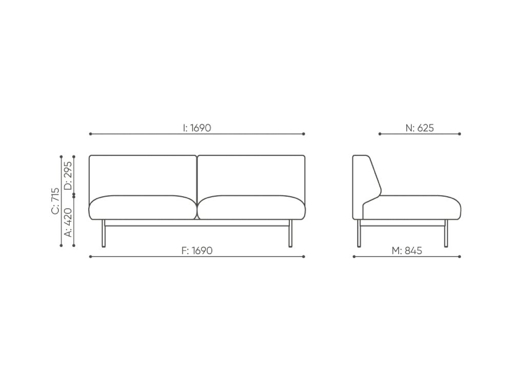 Fora Upholstered 2 Seater Armless Modular Sofa Dimensions