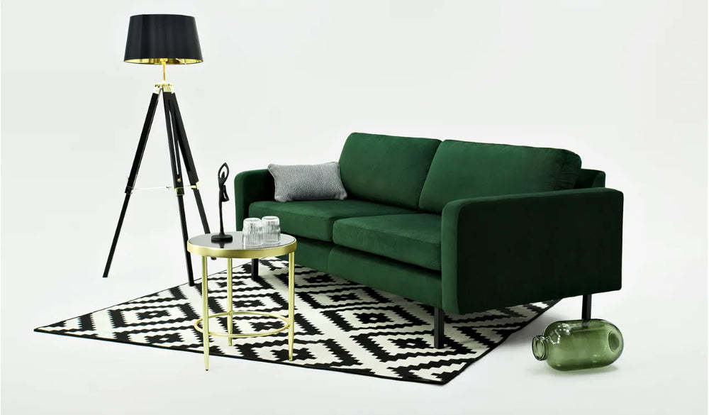 Fraser 2 Seater Sofa in Green Glass Finish with Floor Lamp and Side Table in Studio Setting