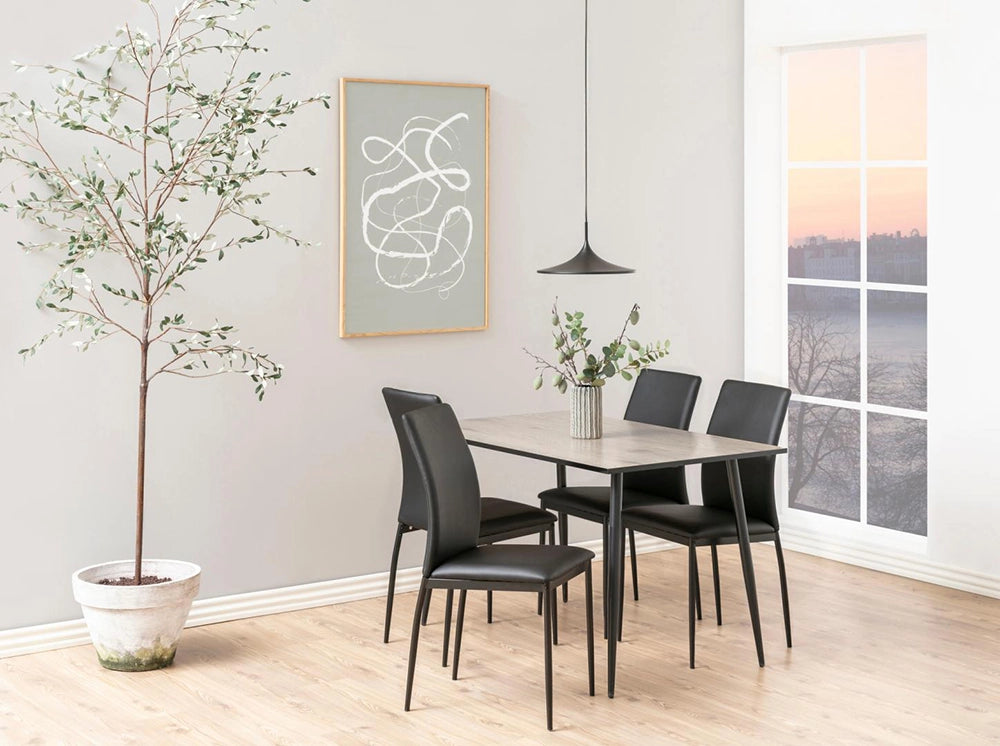 Fred Rectangular Dining Table in Oak Black Finish with Black Leather Chair and Indoor Plant in Dining Setting
