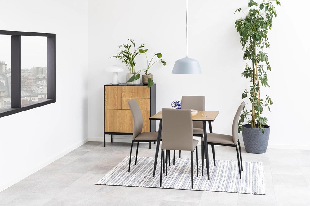 Fred Square Dining Table in Oak Black Finish with Leather Grey Chair and Indoor Plant in Dining Setting