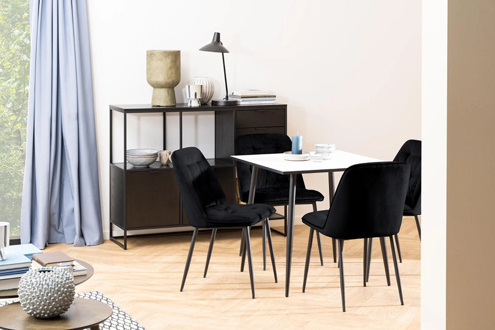 Fred Square Dining Table in White Black Finish with Upholstered Black Chair and Table Lamp in Dining Setting