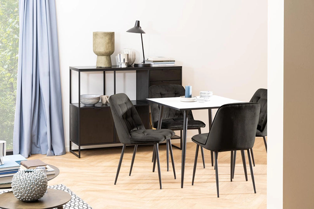 Fred Square Dining Table in White Black Finish with Upholstered Chair and Side Cabinet in Dining Setting