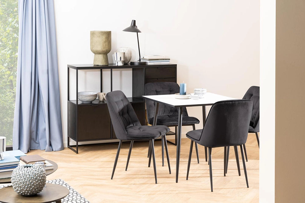 Fred Square Dining Table in White Black Finish with Upholstered Chair and Table Lamp in Dining Setting