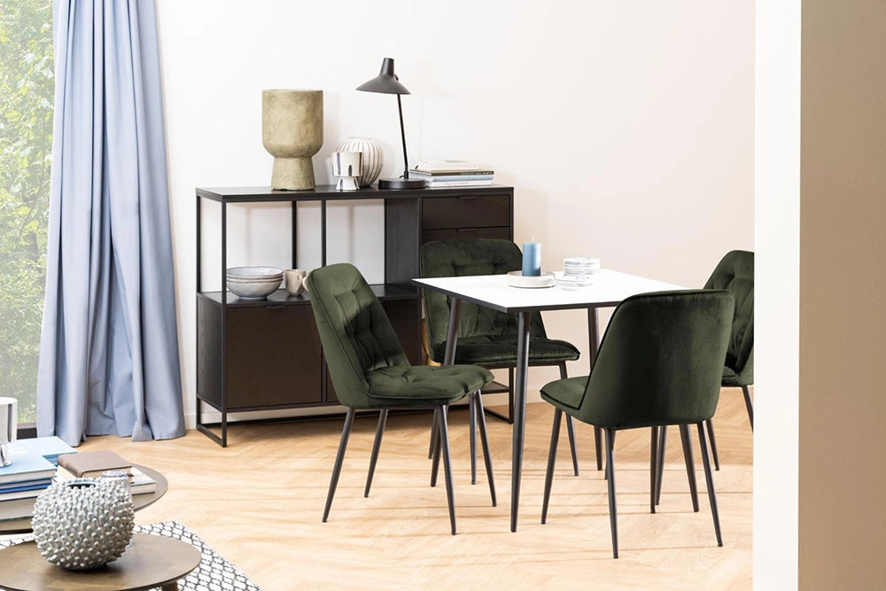 Fred Square Dining Table in White Black Finish with Upholstered Green Chair and Table Lamp in Dining Setting