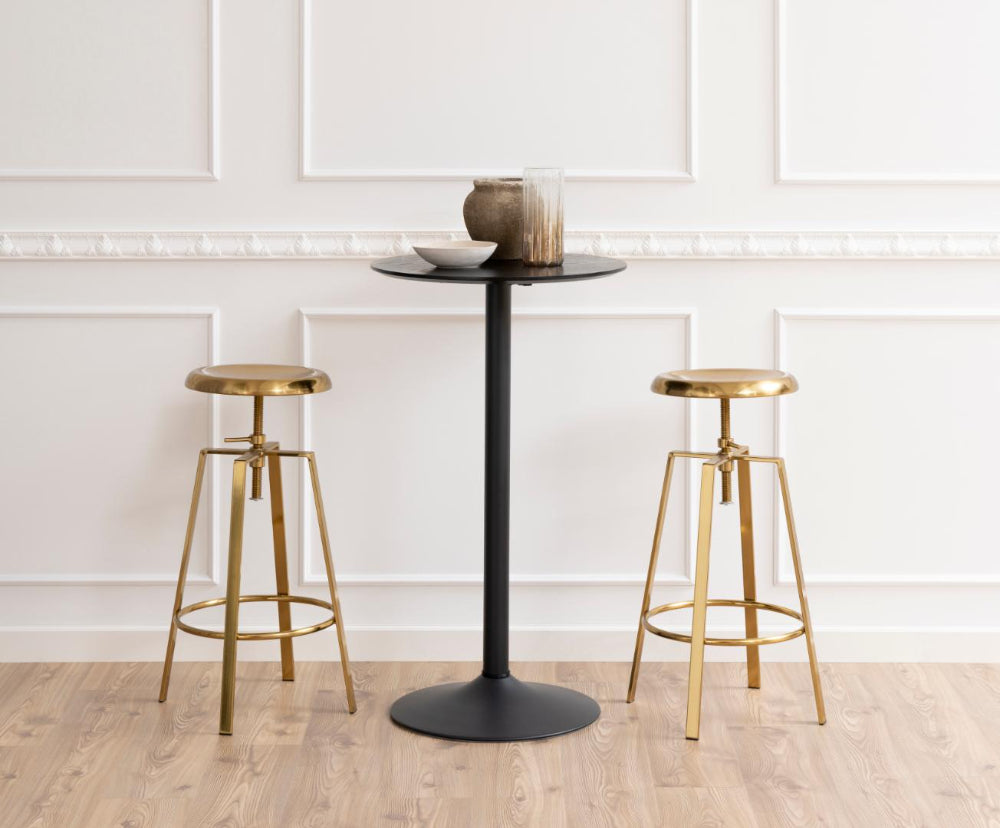 Gianna Height Adjustable Barstool in Gold Finish with Hightop Table in Living Room Setting