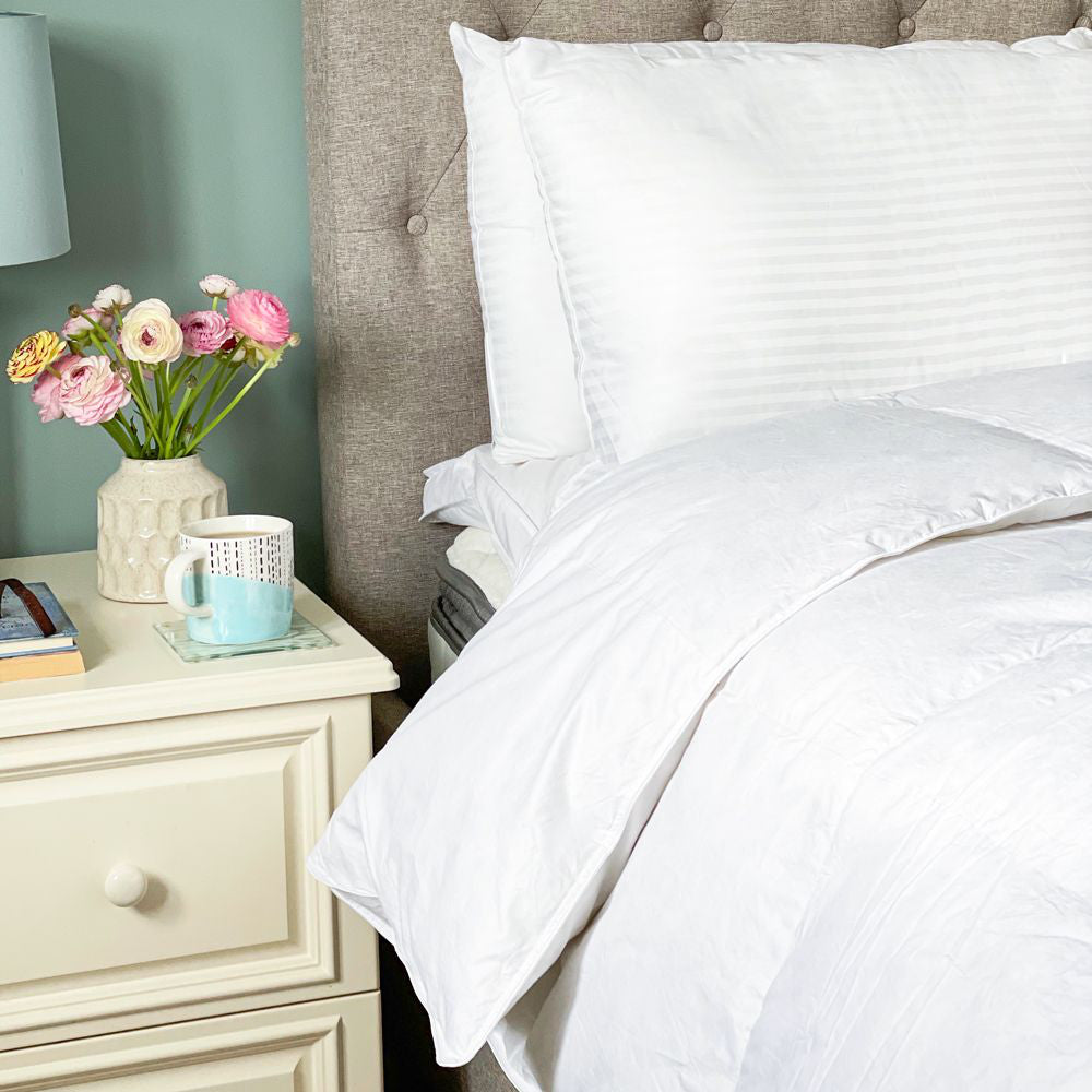 Goose Feather Duvet 10.5 Tog with Bedside Table and Pillows in Bedroom Setting