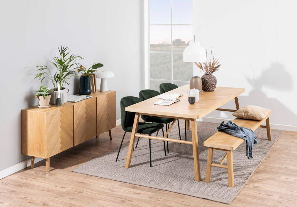 Gort Wooden Bench with Table and Cupboard in Dining Setting