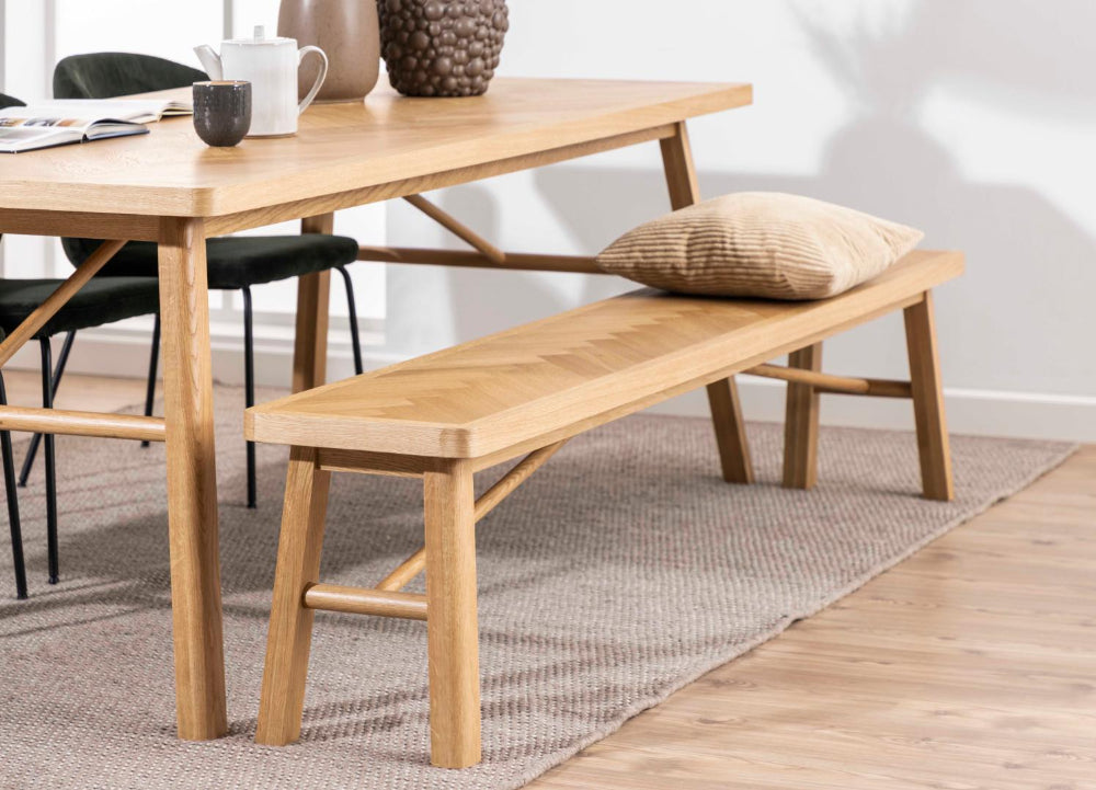 Gort Wooden Bench with Table and Floor Rug in Dining Setting