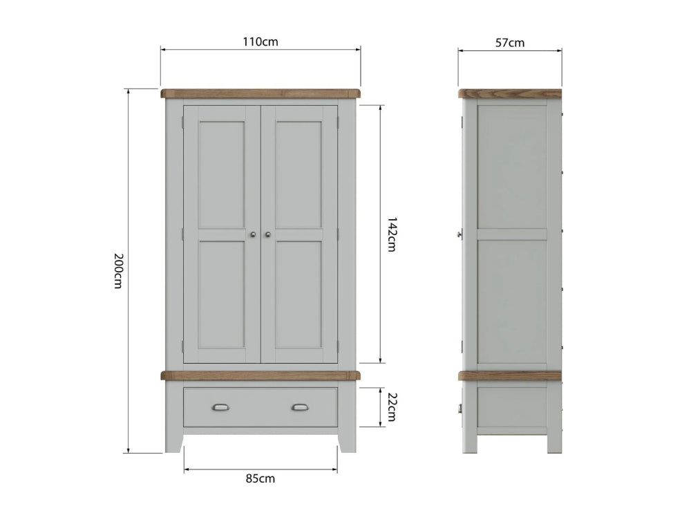 Hadley 2 Door Wardrobe Grey Dimensions