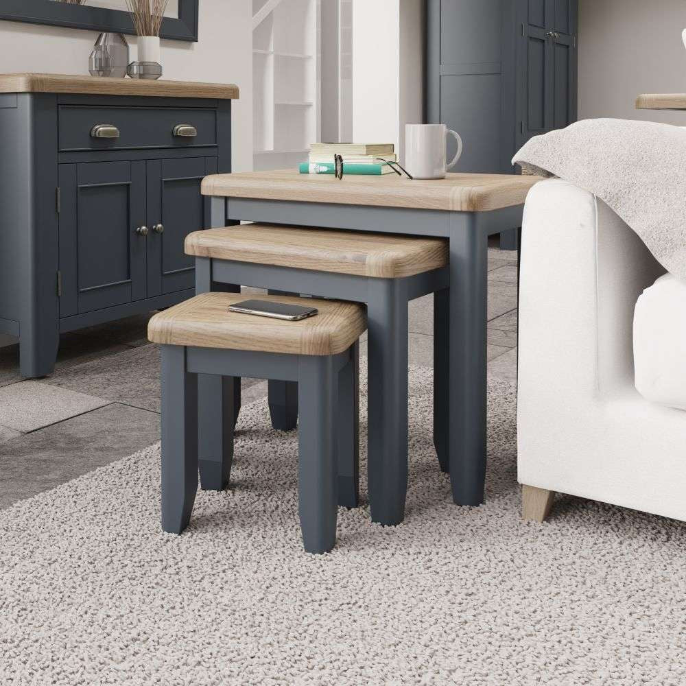 Hadley Square Nest of 3 Tables in Blue Finish with Cupboard and Sofa in Living Room Setting