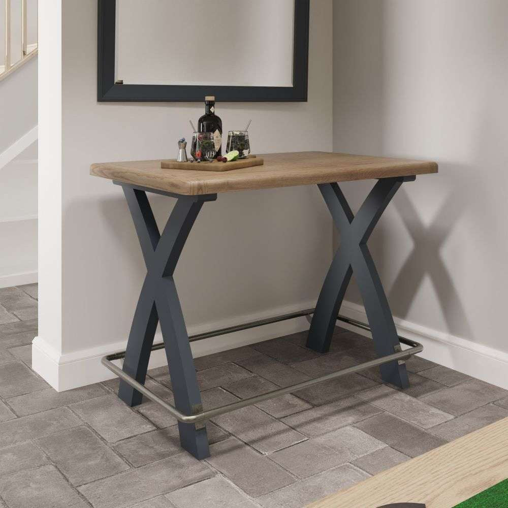 Hadley Wooden Bar Table in Blue Finish in Living Room Setting