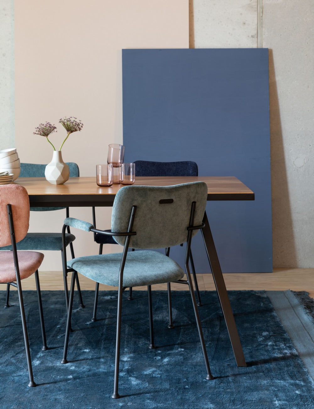 Halle Dining Chair Grey Blue with Table and Floor Rug in Living Room Setting