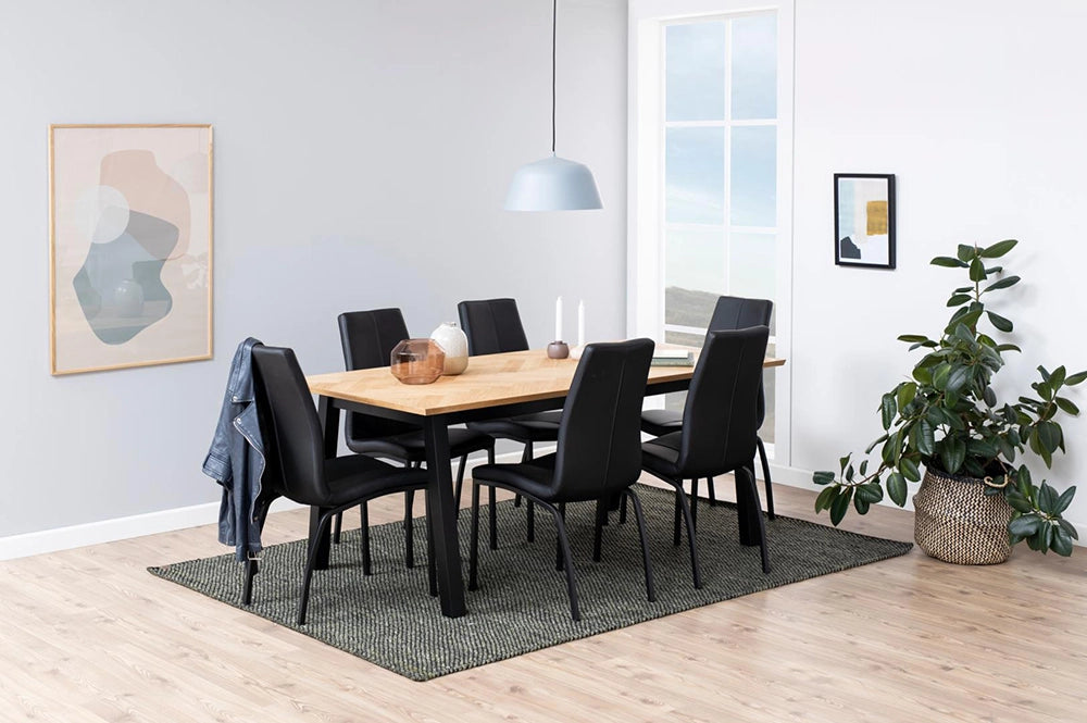 Hamilton Rectangular Dining Table in Oak Finish with Leather Chair and Indoor Plant in Dining Setting
