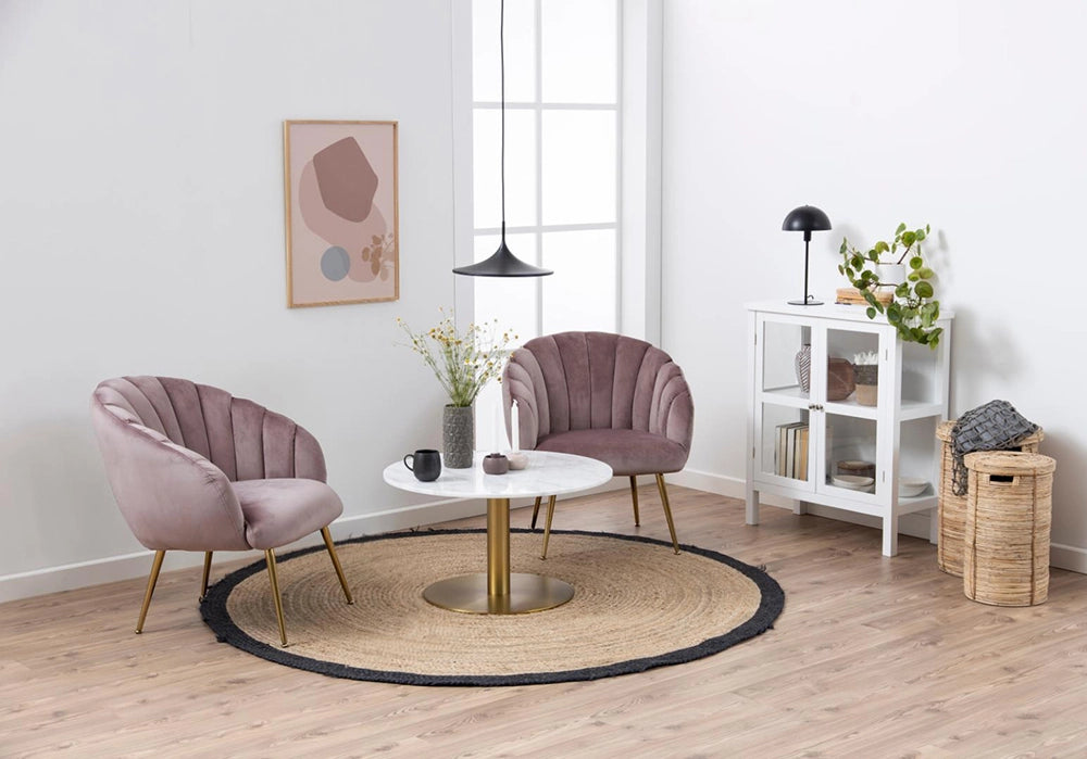 Hampton Round Coffee Table in Marble Brass Finish with Upholstered Chair and Lamp Table in Living Room Setting